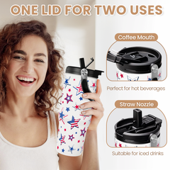 American Flag Star Tumbler with Handle 30oz, Stainless Steel Insulated Flip Straw Tumblers Coffee Travel Mug Cup, USA America Gifts for Women Girl for Birthday Christmas
