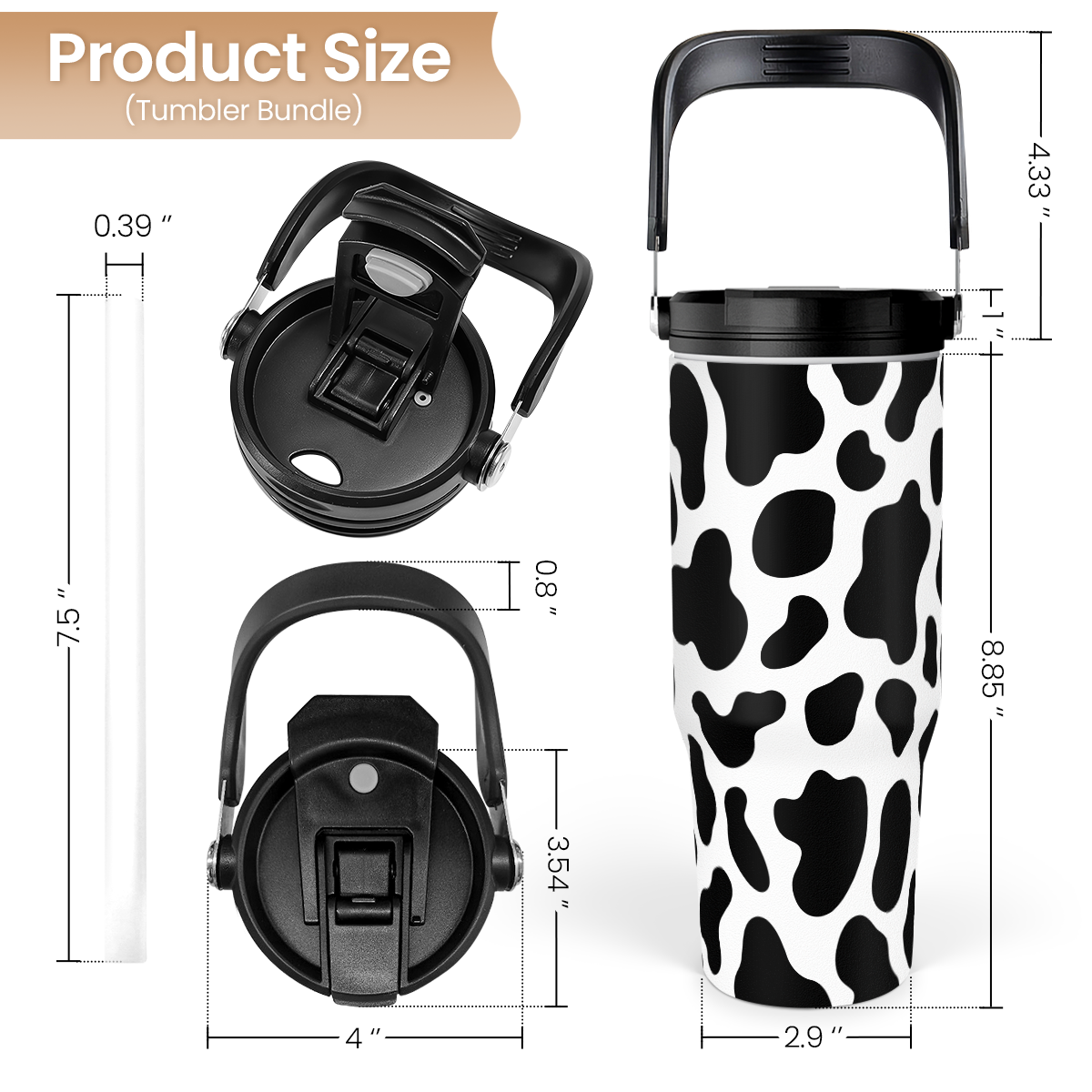 Black Cow Print Flip Straw Tumbler with Handle 30oz