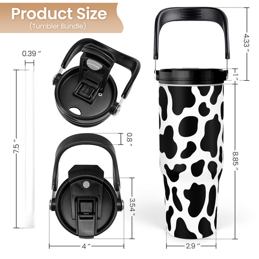 Cow Print Tumbler with Handle, 30oz Flip Straw Stainless Steel Tumblers Coffee Travel Cup, Cowgirl Tumbler Gifts for Women Girls for Birthday Christmas Mothers Day