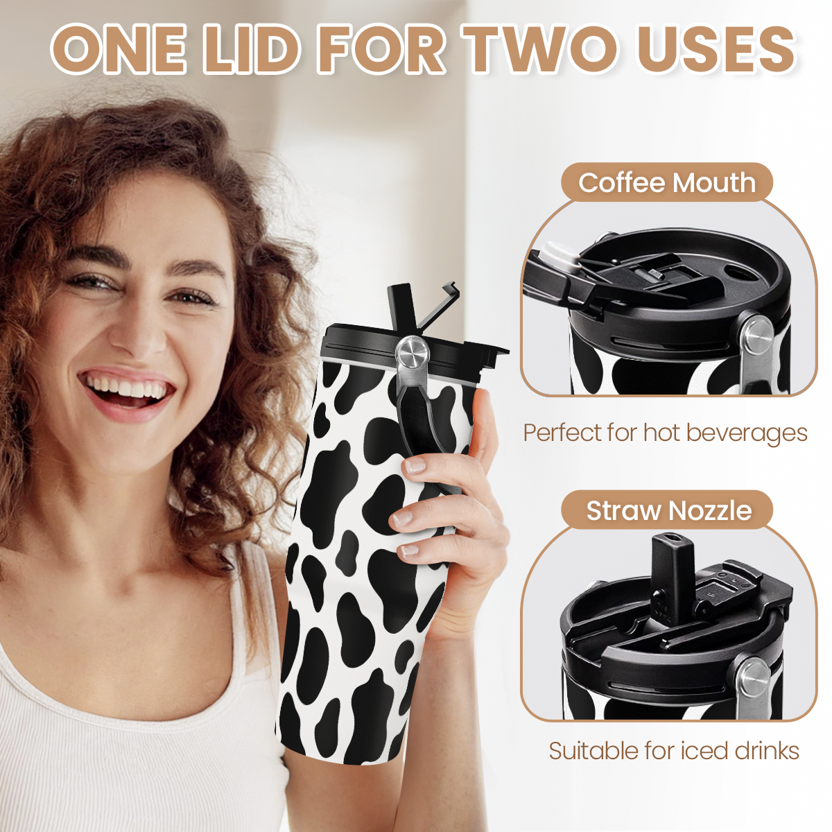 Black Cow Print Flip Straw Tumbler with Handle 30oz