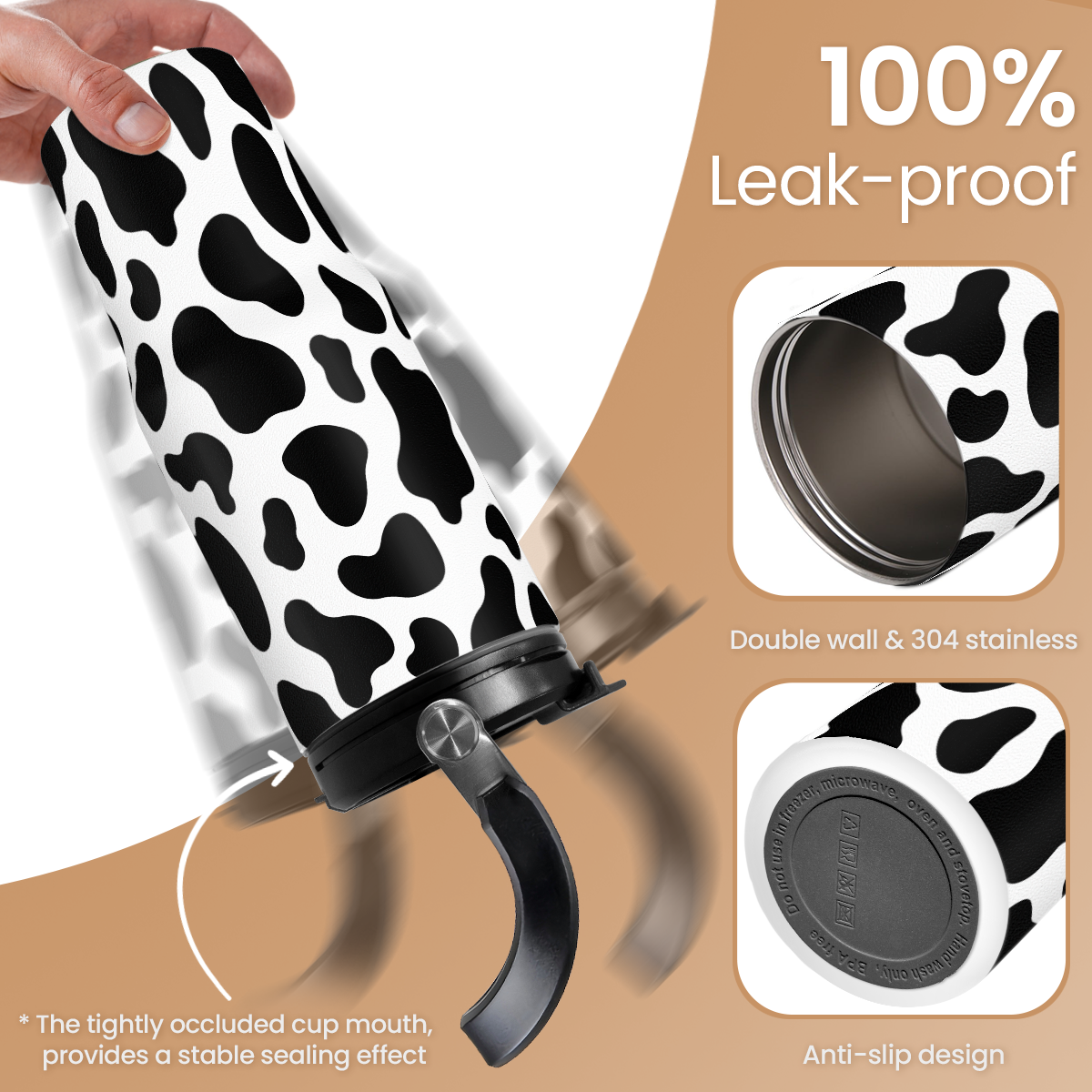 Black Cow Print Flip Straw Tumbler with Handle 30oz
