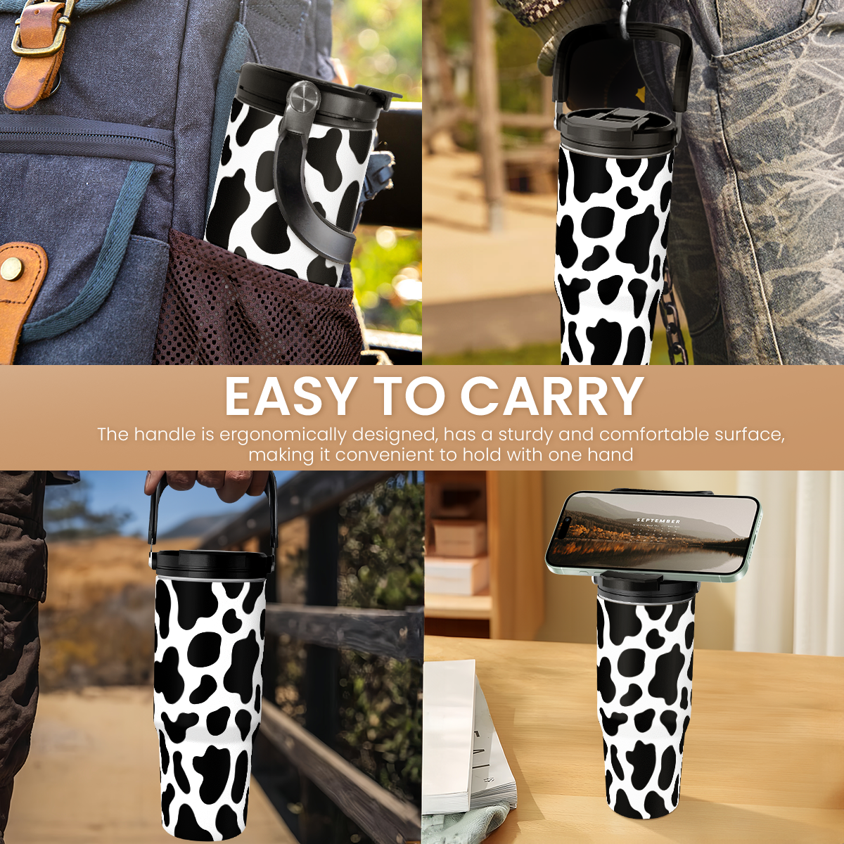 Black Cow Print Flip Straw Tumbler with Handle 30oz