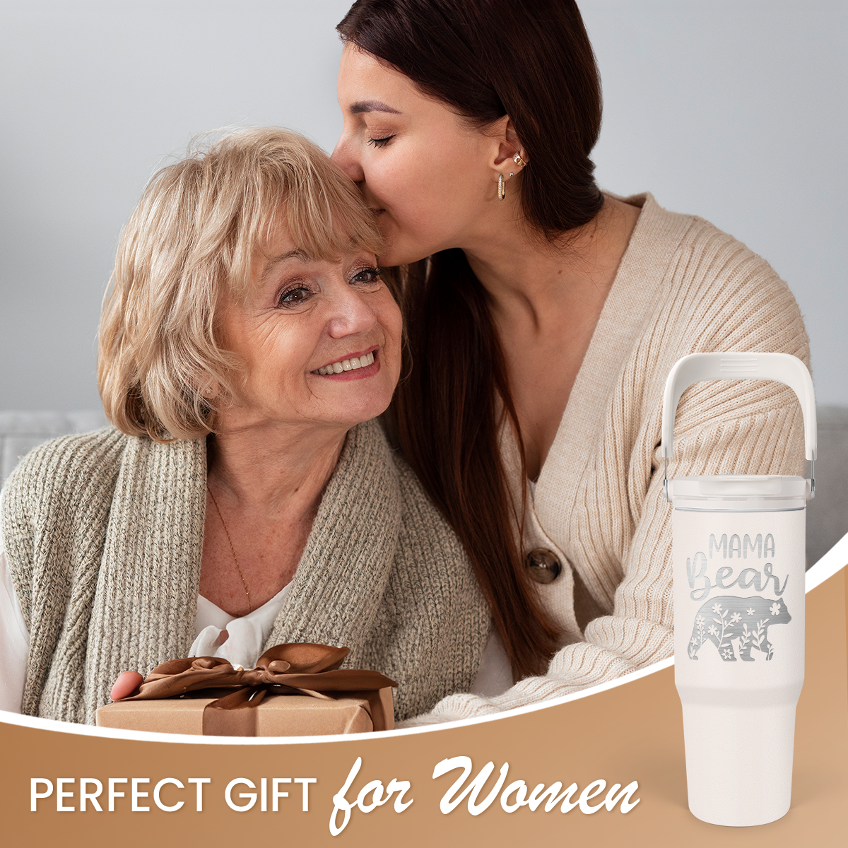 Mom Tumbler 30oz, Mama Bear Tumbler Stainless Steel Insulated Coffee Travel Mug with Handle & Flip Straw Lid, Gifts for Mommy, Presents for Mom for Christmas Birthday Mothers Day Valentines