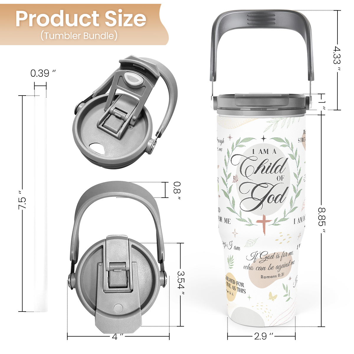 White Christian Flip Straw Tumbler with Handle 30oz