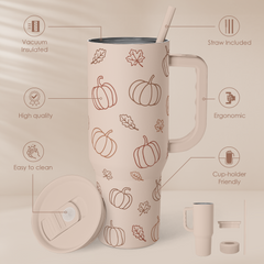 Pumpkin Tumbler with Handle and Straw 40oz – Stainless Sleel Slider Tumbler Travel Coffee Mug for Women - Gift Idea for Fall Autumn Halloween