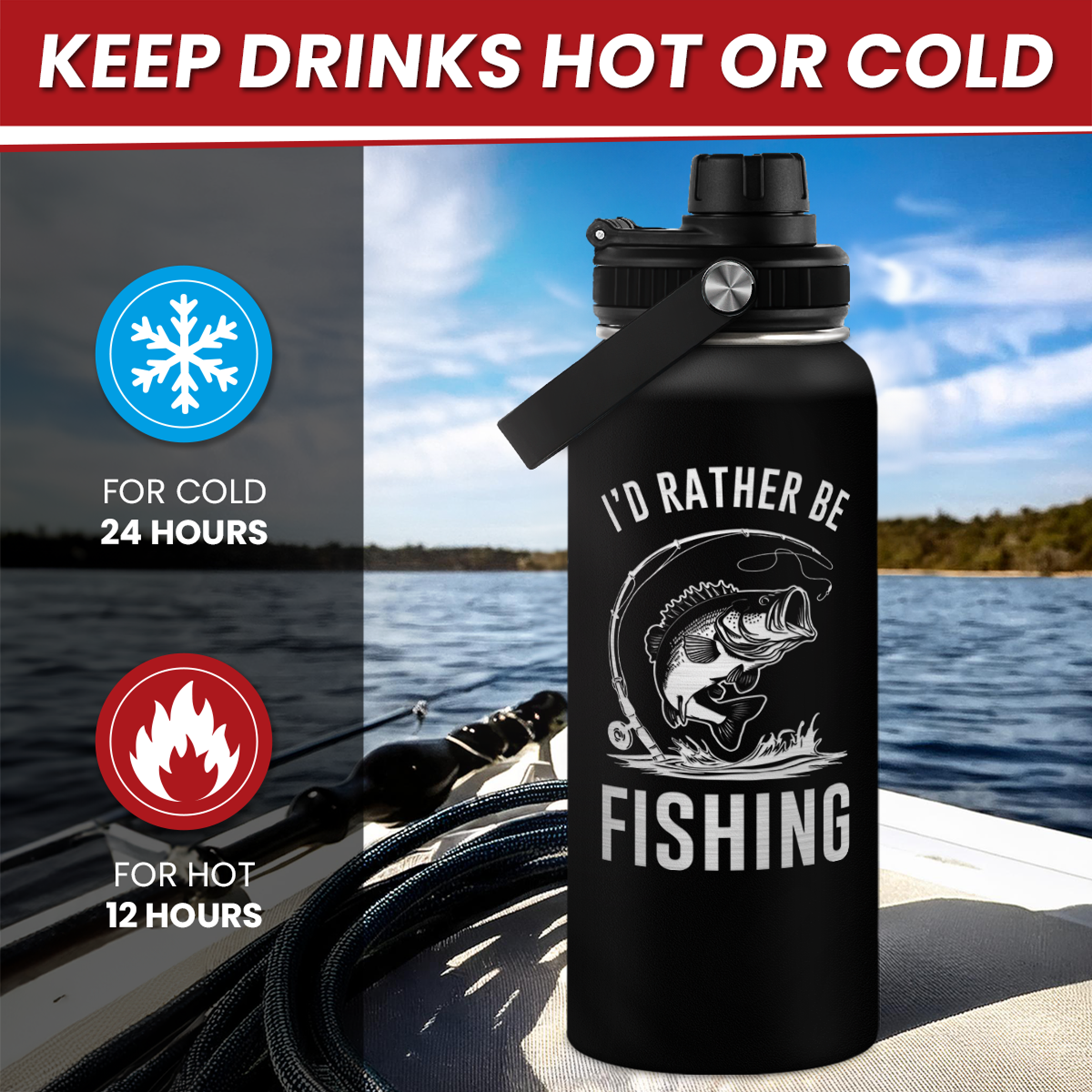 Fishing Insulated Engraved Stainless Steel Water Bottle 32oz, Vacuum Chug Lid Travel Tumbler for Men Friends Dad Grandpa Fisherman, I'd Rather Be Fishing, Gift for Birthday Christmas Father's Day
