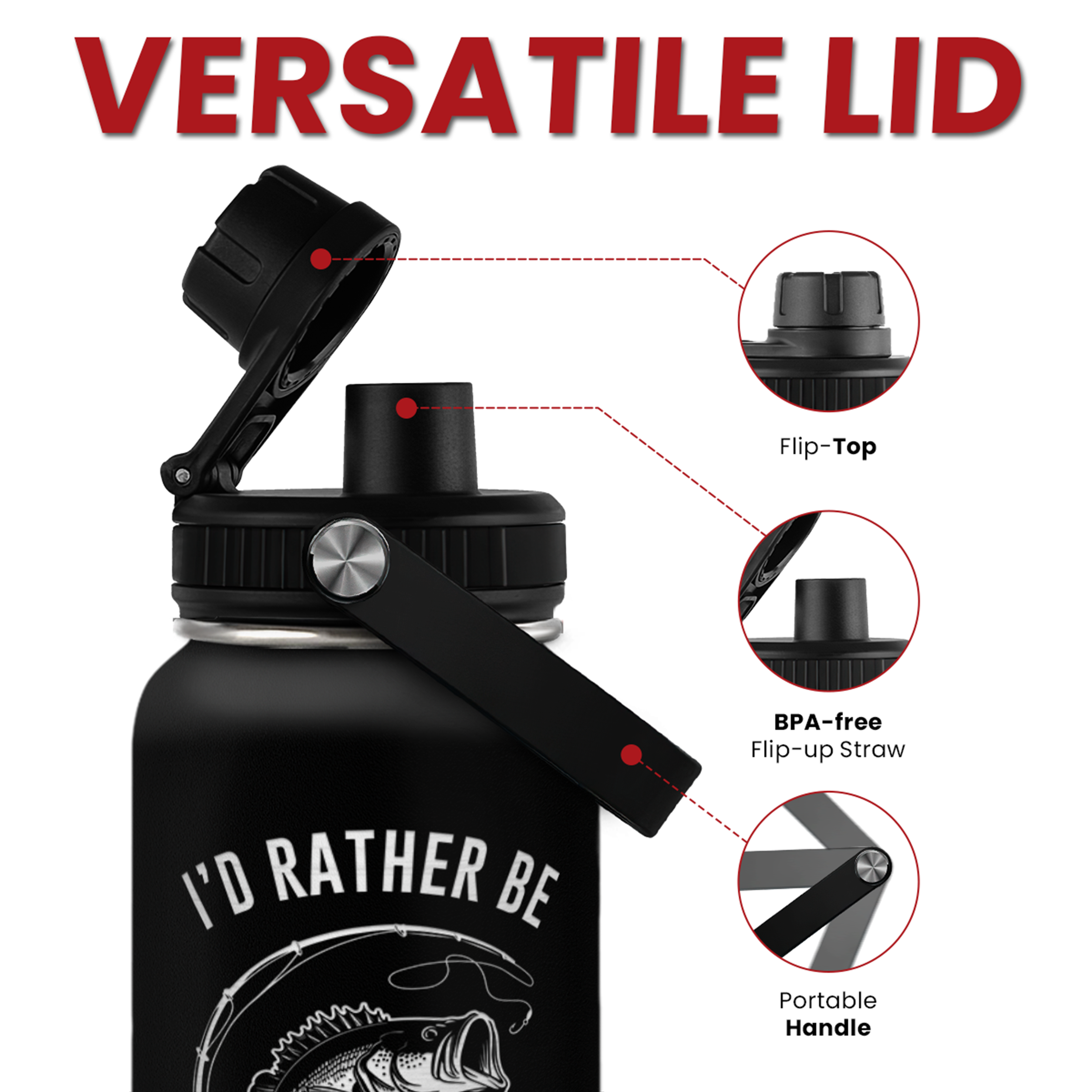 Fishing Insulated Engraved Stainless Steel Water Bottle 32oz, Vacuum Chug Lid Travel Tumbler for Men Friends Dad Grandpa Fisherman, I'd Rather Be Fishing, Gift for Birthday Christmas Father's Day