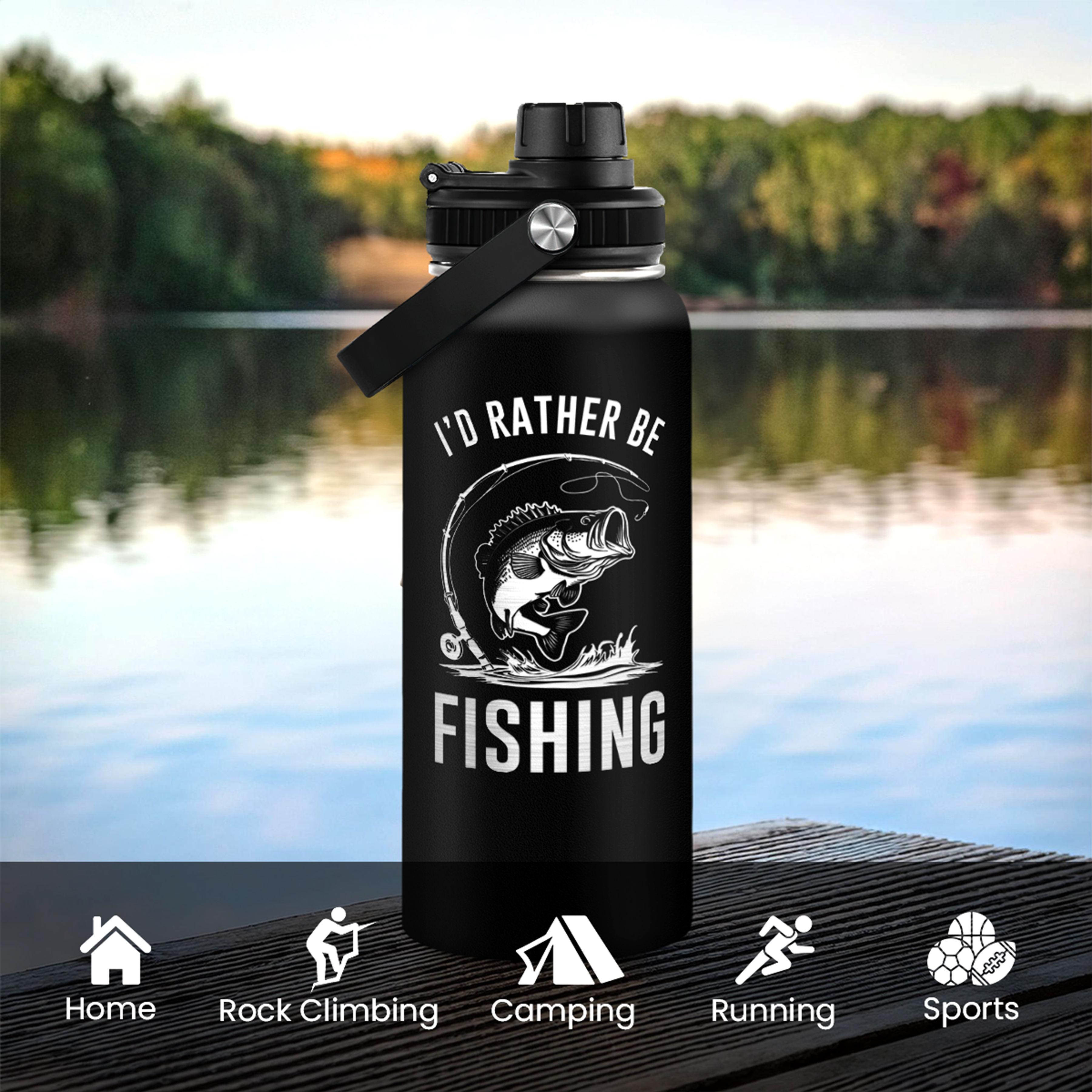 Fishing Insulated Engraved Stainless Steel Water Bottle 32oz, Vacuum Chug Lid Travel Tumbler for Men Friends Dad Grandpa Fisherman, I'd Rather Be Fishing, Gift for Birthday Christmas Father's Day