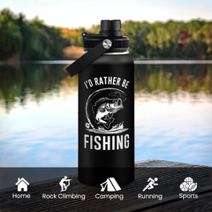 Fishing Insulated Engraved Stainless Steel Water Bottle 32oz, Vacuum Chug Lid Travel Tumbler for Men Friends Dad Grandpa Fisherman, I'd Rather Be Fishing, Gift for Birthday Christmas Father's Day
