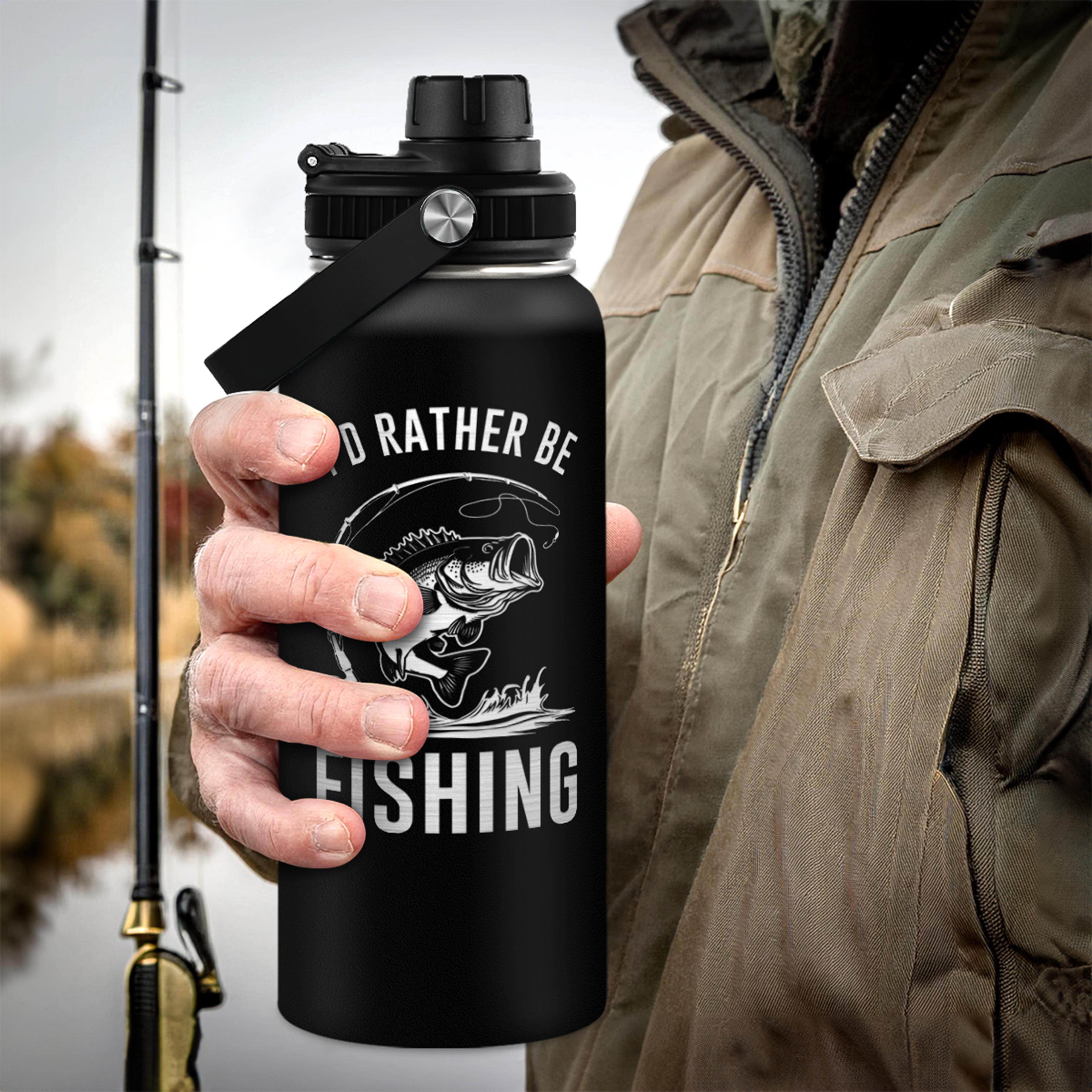 Fishing Insulated Engraved Stainless Steel Water Bottle 32oz, Vacuum Chug Lid Travel Tumbler for Men Friends Dad Grandpa Fisherman, I'd Rather Be Fishing, Gift for Birthday Christmas Father's Day