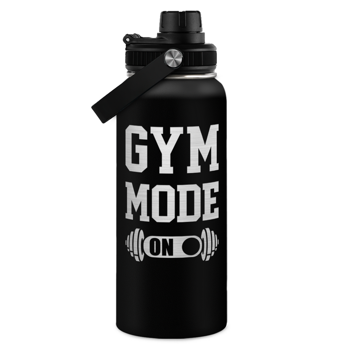 Black water bottle with 'GYM MODE ON' text and barbell graphic on a white background