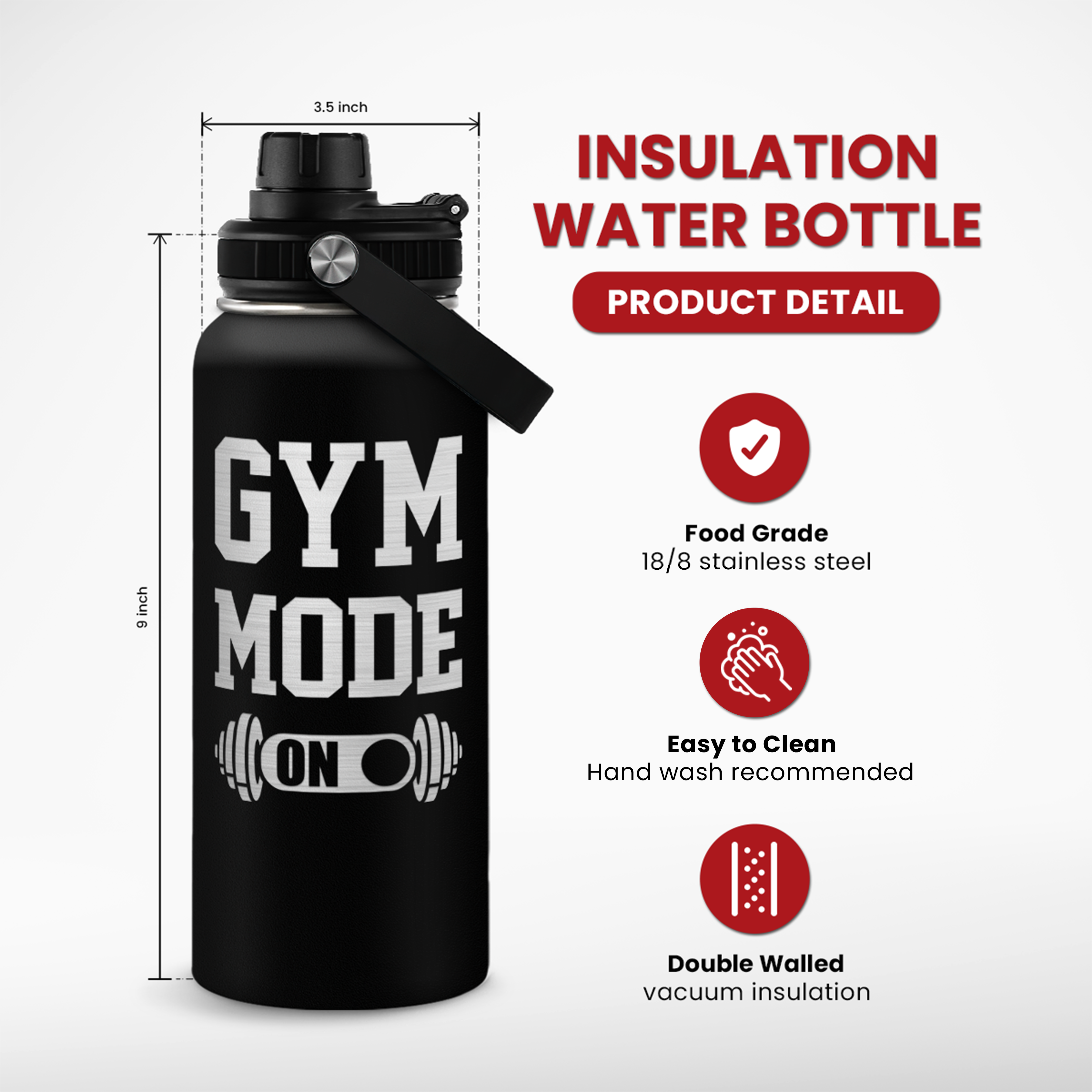 Black insulation water bottle with 'Gym Mode On' text and product details on a white background