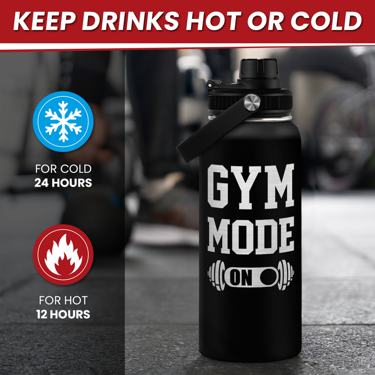 Black water bottle with 'Gym Mode On' text, featuring icons for cold and hot temperature durability.