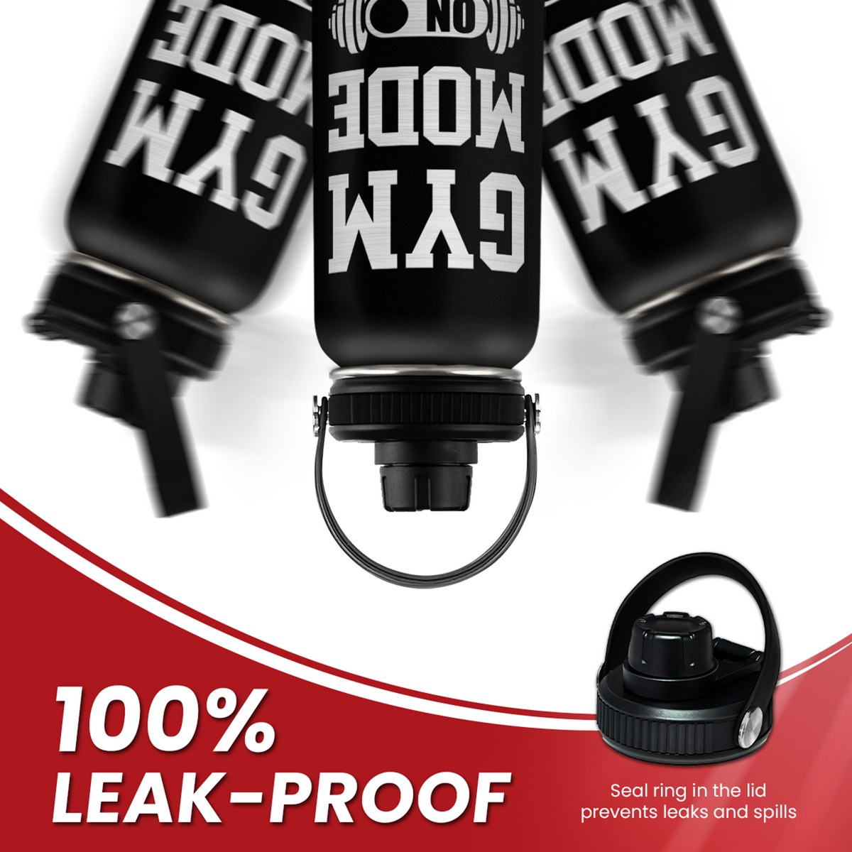 Black water bottles with 'GYM MODE' text on a white background, featuring a red accent.