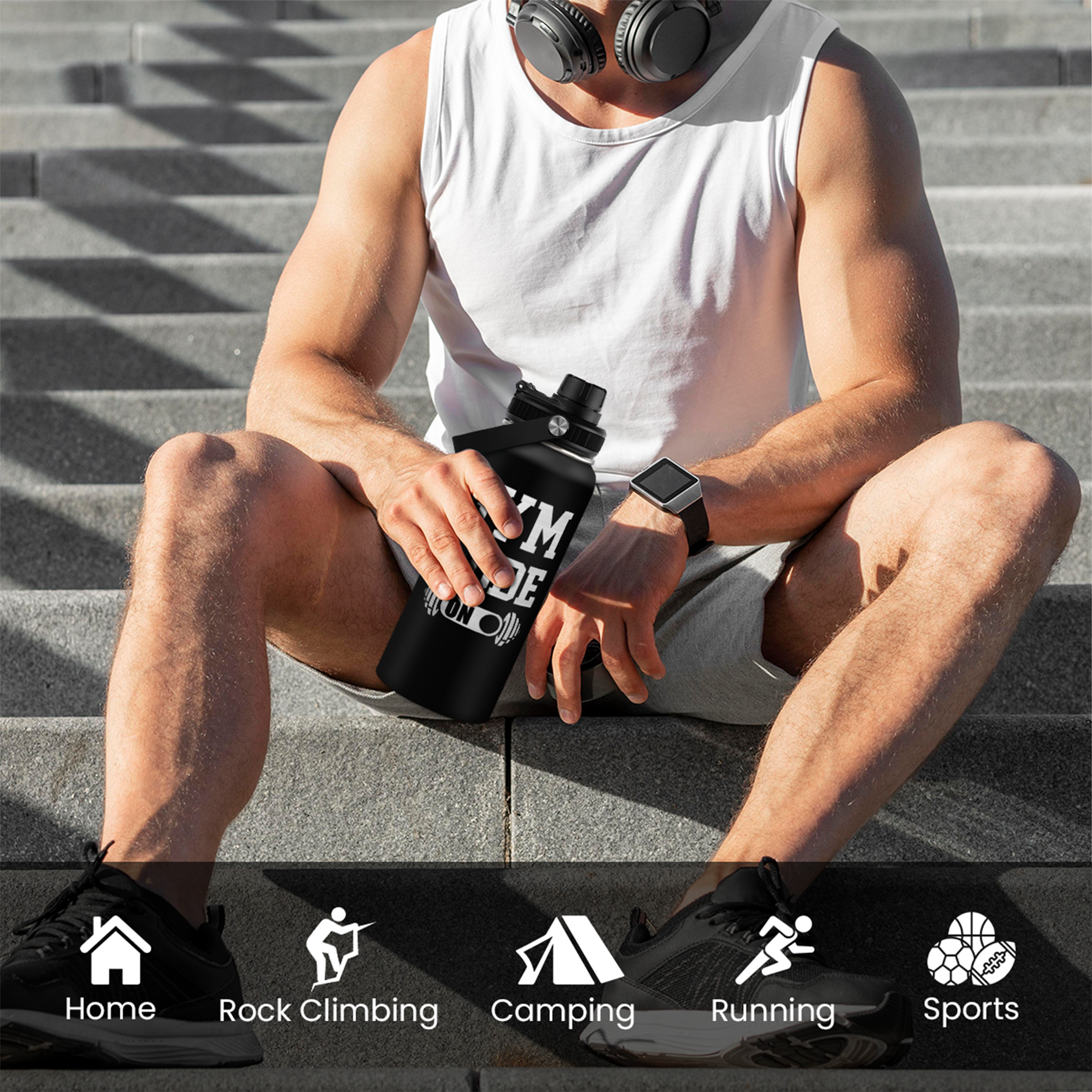 Person sitting on steps holding a water bottle with icons below