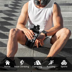 Person sitting on steps holding a water bottle with icons below