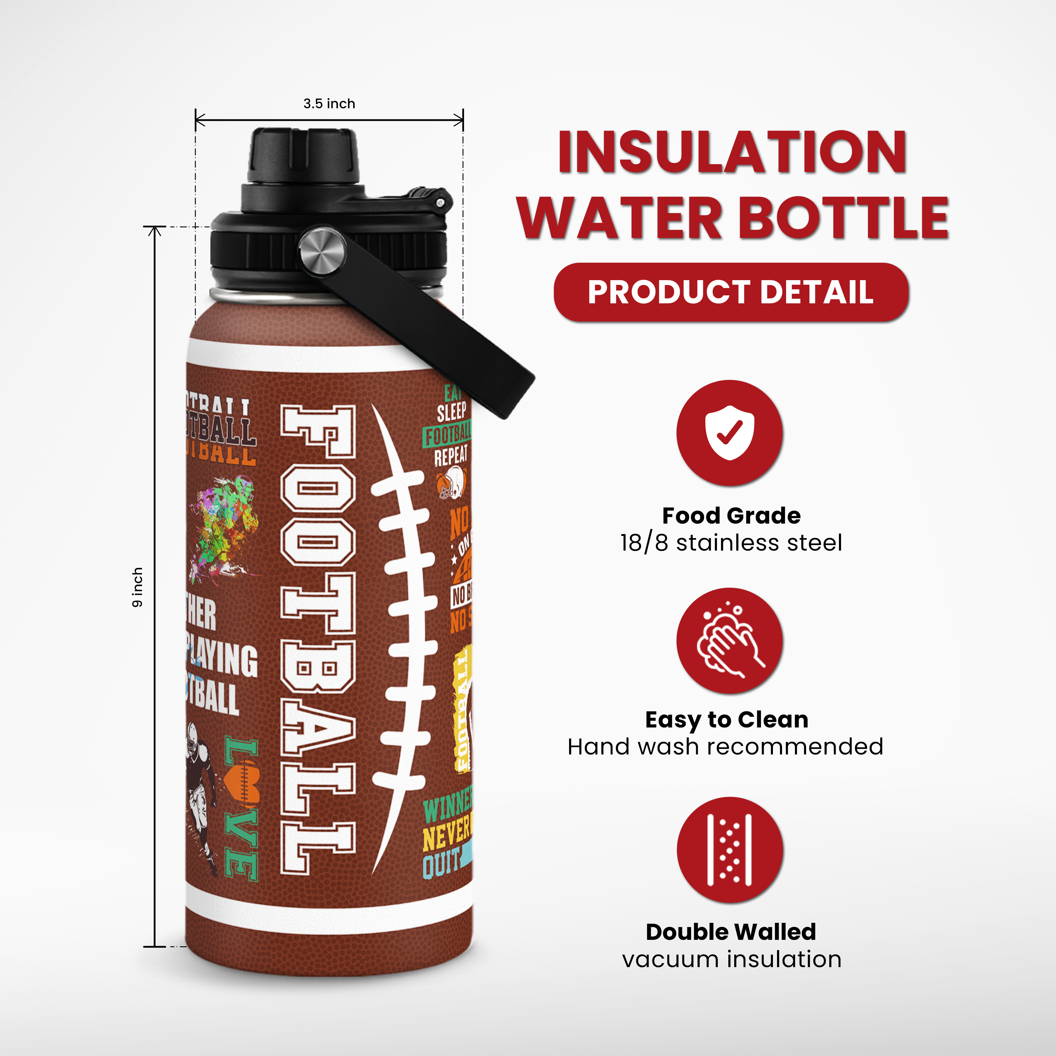 Brown Football Chug Lid Water Bottle 32oz