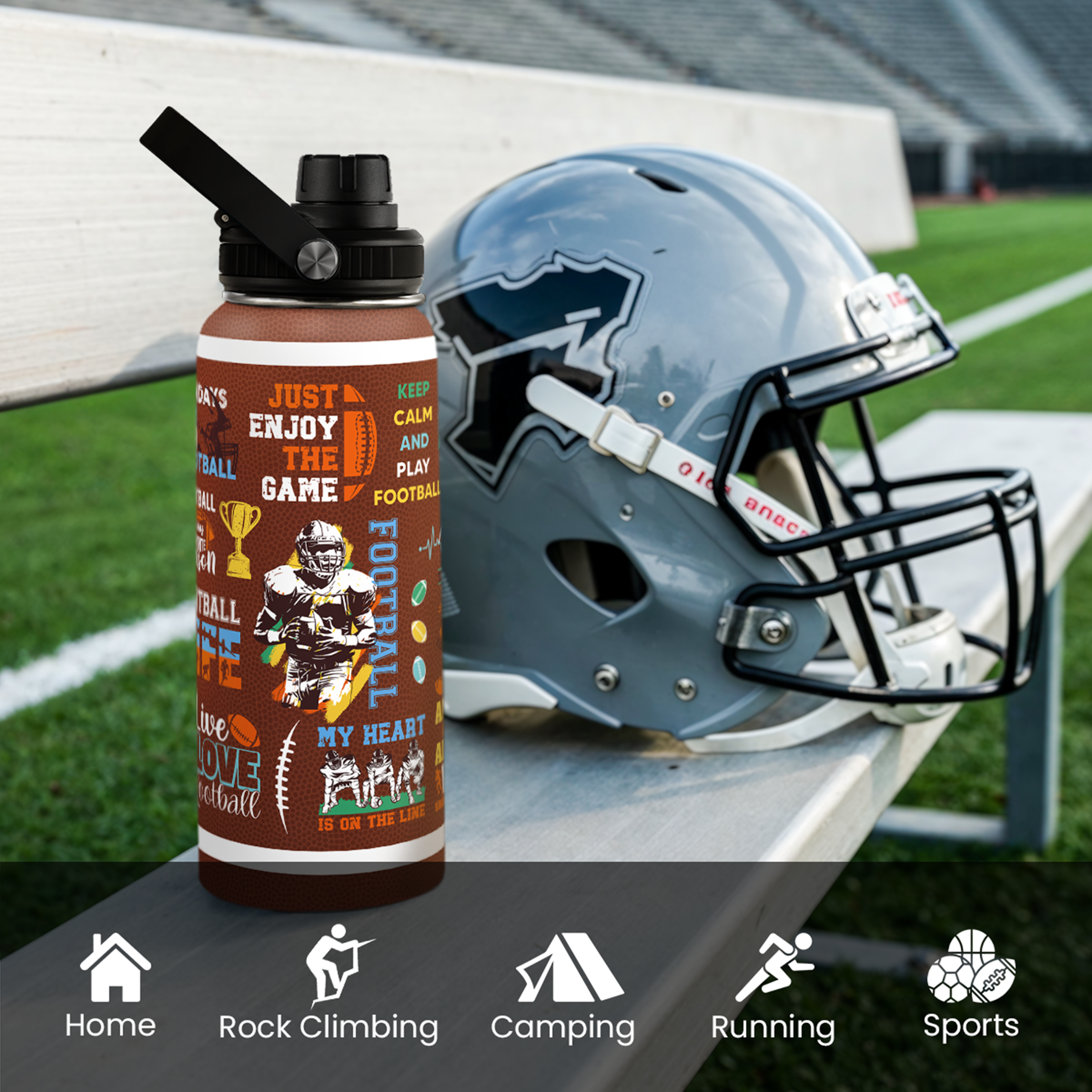 Brown Football Chug Lid Water Bottle 32oz