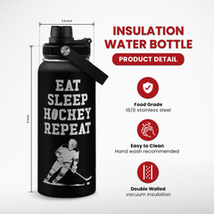 Ice Hockey Insulated Engraved Stainless Steel Water Bottle 32oz, Vacuum Chug Lid Travel Tumbler For Men Friends Hockey Lovers Fans Coaches, Gift for Birthday Christmas