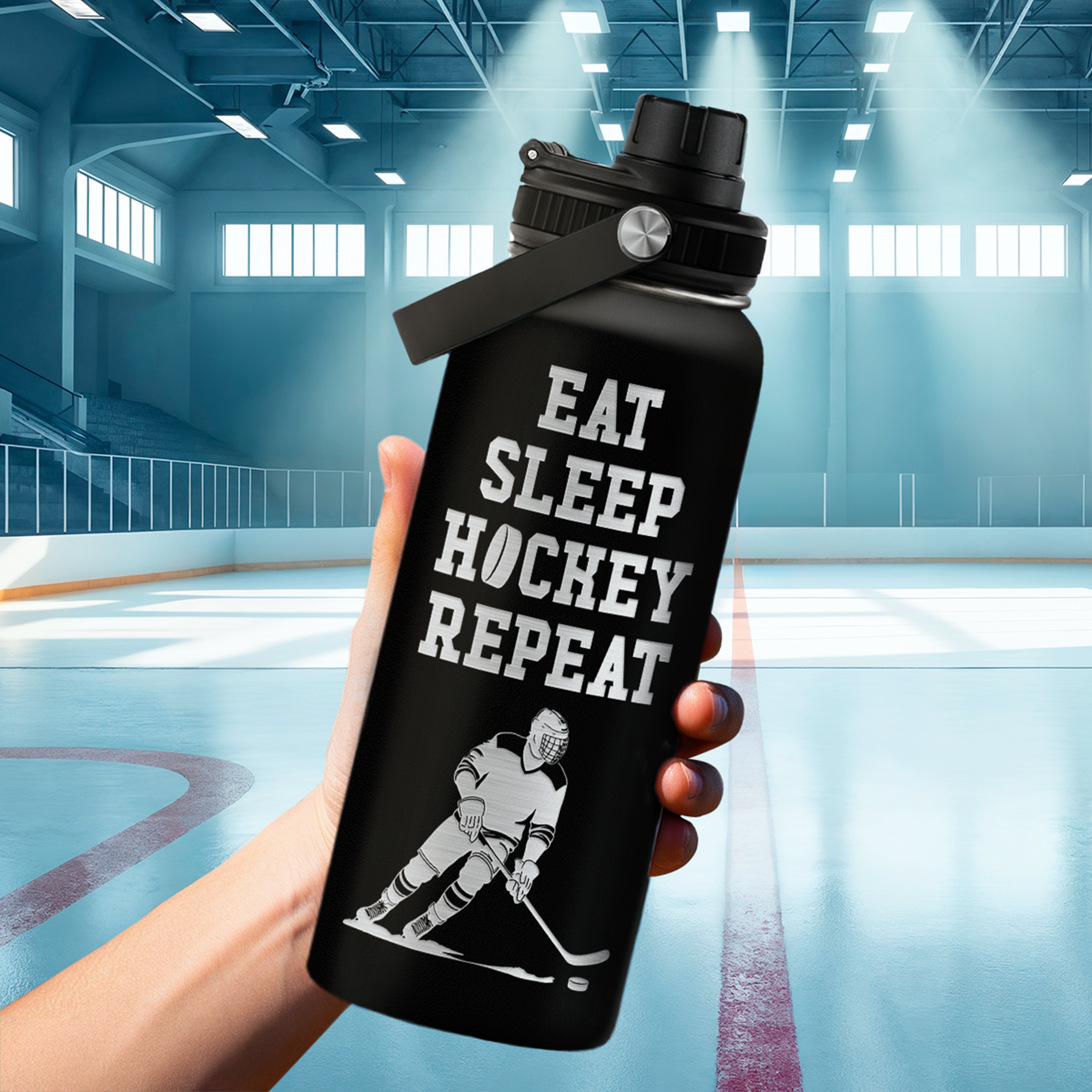 Ice Hockey Insulated Engraved Stainless Steel Water Bottle 32oz, Vacuum Chug Lid Travel Tumbler For Men Friends Hockey Lovers Fans Coaches, Gift for Birthday Christmas