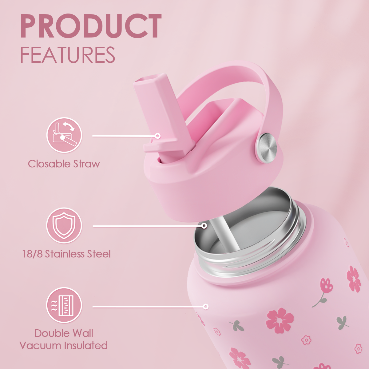 Pink Floral Daisy SipChic | Straw Lid Water Bottle 32oz