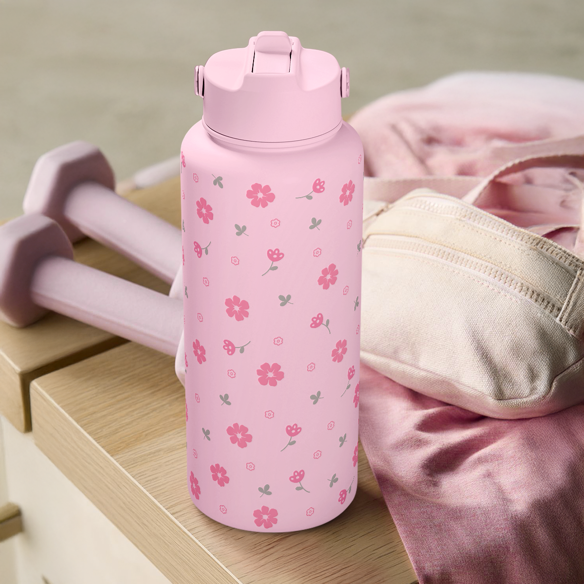 Pink Floral Daisy SipChic | Straw Lid Water Bottle 32oz
