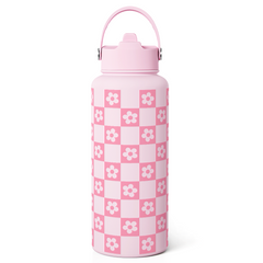 Checker Daisy Water Bottle 32oz Stainless Steel with Lid & Straw, Checkerboard Insulated Bottles Gifts for Women Girls Friends, Gift Idea for Birthday Christmas