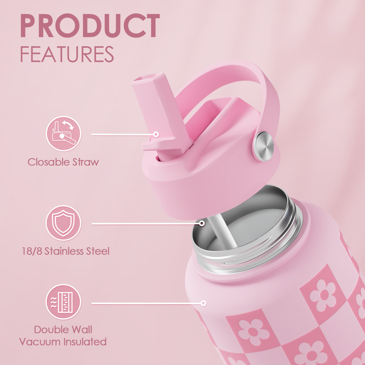 Pink Checker Daisy SipChic | Straw Lid Water Bottle 32oz