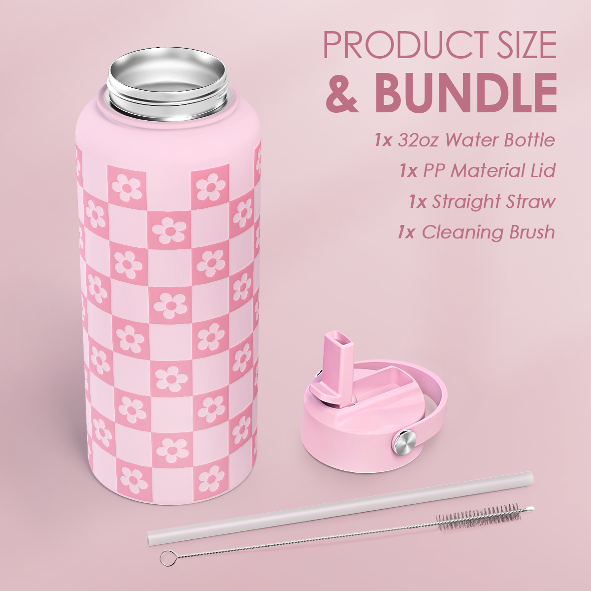 Pink Checker Daisy SipChic | Straw Lid Water Bottle 32oz