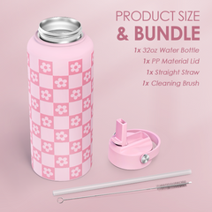 Checker Daisy Water Bottle 32oz Stainless Steel with Lid & Straw, Checkerboard Insulated Bottles Gifts for Women Girls Friends, Gift Idea for Birthday Christmas