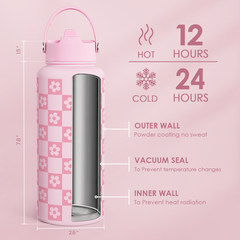 Pink Checker Daisy SipChic | Straw Lid Water Bottle 32oz