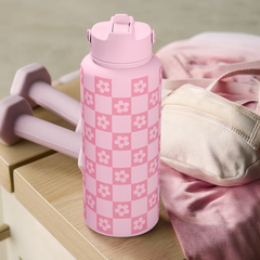Pink Checker Daisy SipChic | Straw Lid Water Bottle 32oz