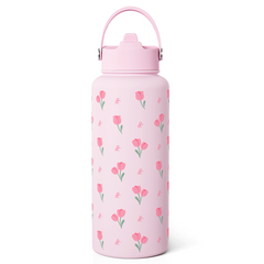 Floral Water Bottle 32oz Stainless Steel with Lid, Tulip Insulated Bottles for Women Girls, Gifts Ideas for Birthday Christmas