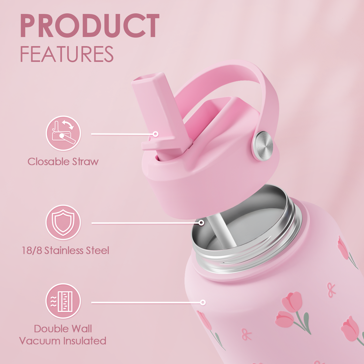 Floral Water Bottle 32oz Stainless Steel with Lid, Tulip Insulated Bottles for Women Girls, Gifts Ideas for Birthday Christmas