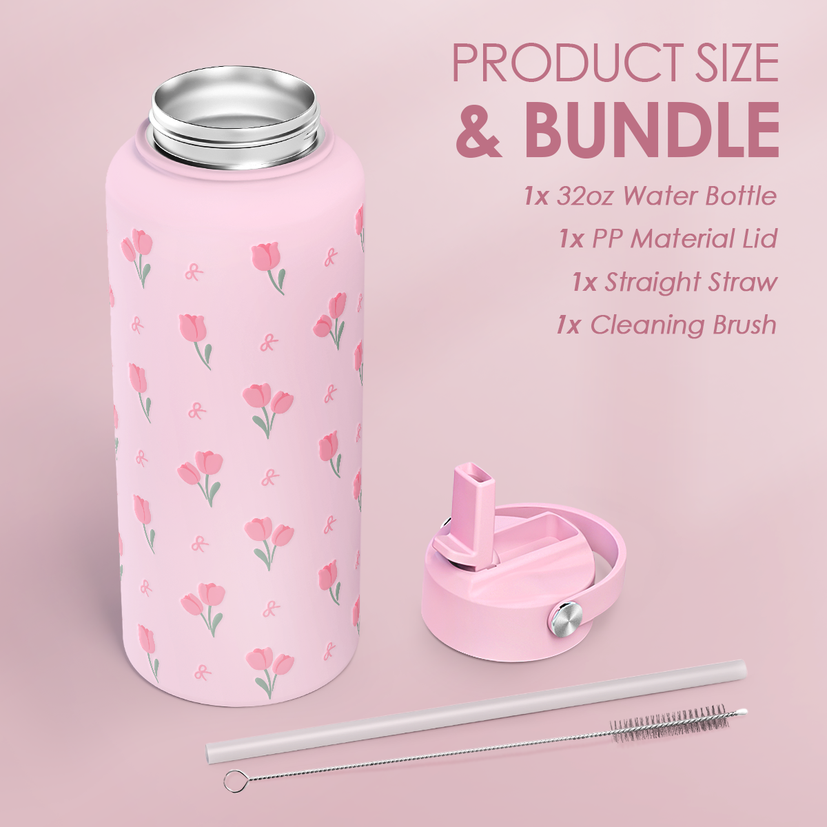 Floral Water Bottle 32oz Stainless Steel with Lid, Tulip Insulated Bottles for Women Girls, Gifts Ideas for Birthday Christmas