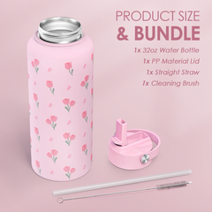 Floral Water Bottle 32oz Stainless Steel with Lid, Tulip Insulated Bottles for Women Girls, Gifts Ideas for Birthday Christmas