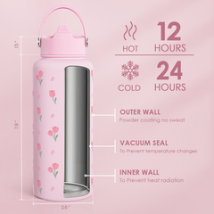 Floral Water Bottle 32oz Stainless Steel with Lid, Tulip Insulated Bottles for Women Girls, Gifts Ideas for Birthday Christmas
