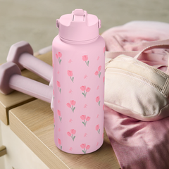 Floral Water Bottle 32oz Stainless Steel with Lid, Tulip Insulated Bottles for Women Girls, Gifts Ideas for Birthday Christmas