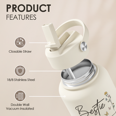 Best Friend Water Bottle 32oz Stainless Steel with Lid & Straw, Bestie Insulated Bottles for Women Girls Female Friends Sisters, Gifts Ideas for Birthday Christmas