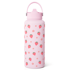 Strawberry Water Bottle 32oz Stainless Steel with Lid & Straw, Insulated Bottles for Women Girls, Gifts Ideas for Birthday Christmas
