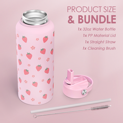 Strawberry Water Bottle 32oz Stainless Steel with Lid & Straw, Insulated Bottles for Women Girls, Gifts Ideas for Birthday Christmas