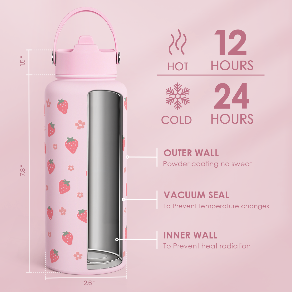 Strawberry Water Bottle 32oz Stainless Steel with Lid & Straw, Insulated Bottles for Women Girls, Gifts Ideas for Birthday Christmas