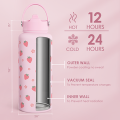 Strawberry Water Bottle 32oz Stainless Steel with Lid & Straw, Insulated Bottles for Women Girls, Gifts Ideas for Birthday Christmas