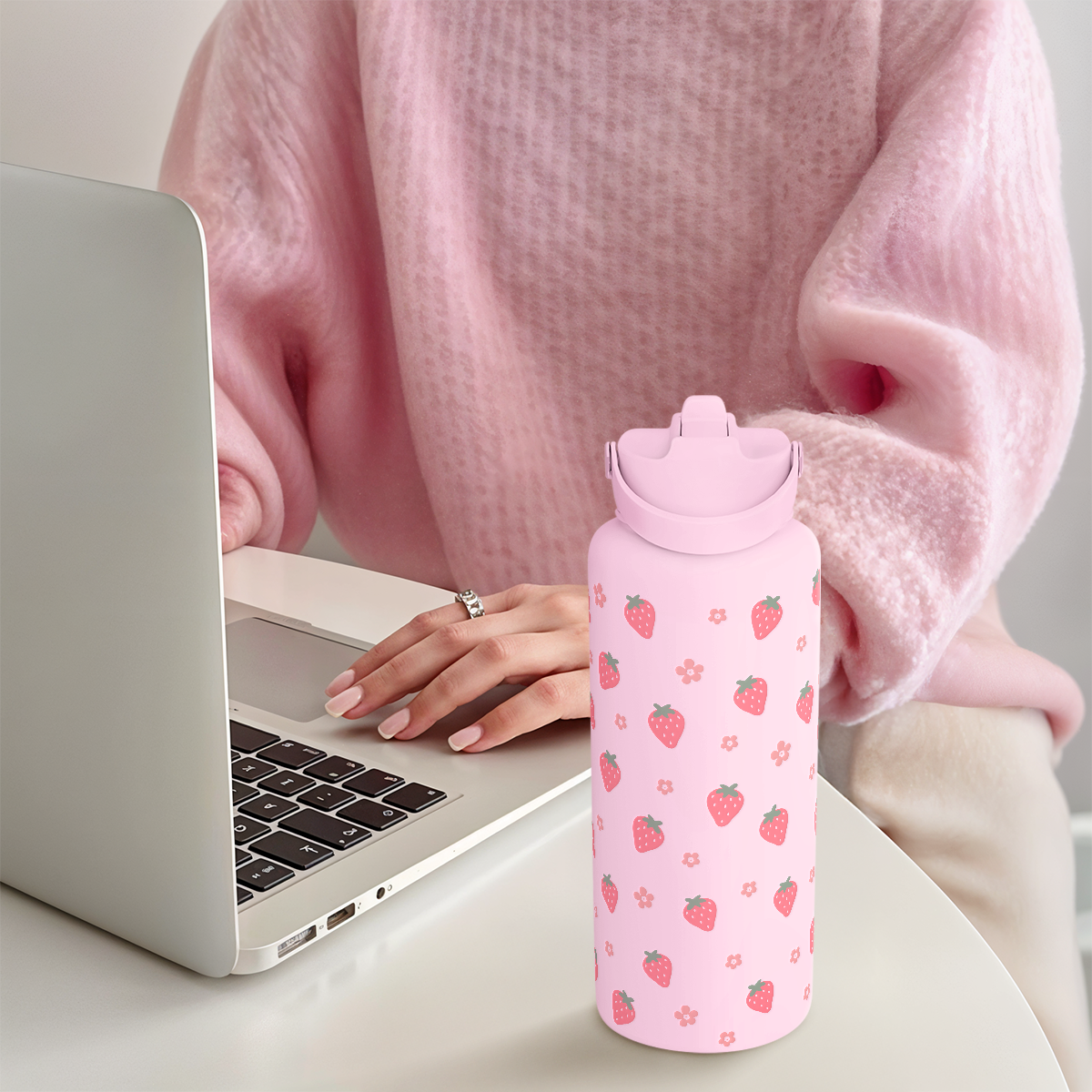 Strawberry Water Bottle 32oz Stainless Steel with Lid & Straw, Insulated Bottles for Women Girls, Gifts Ideas for Birthday Christmas