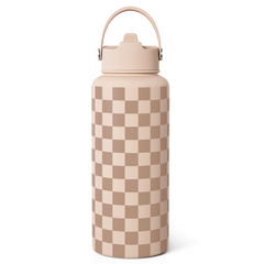 Checkerboard Water Bottle 32oz Stainless Steel with Lid & Straw, Beige Checker Insulated Bottles for Women Girls, Gift Idea for Christmas Birthday