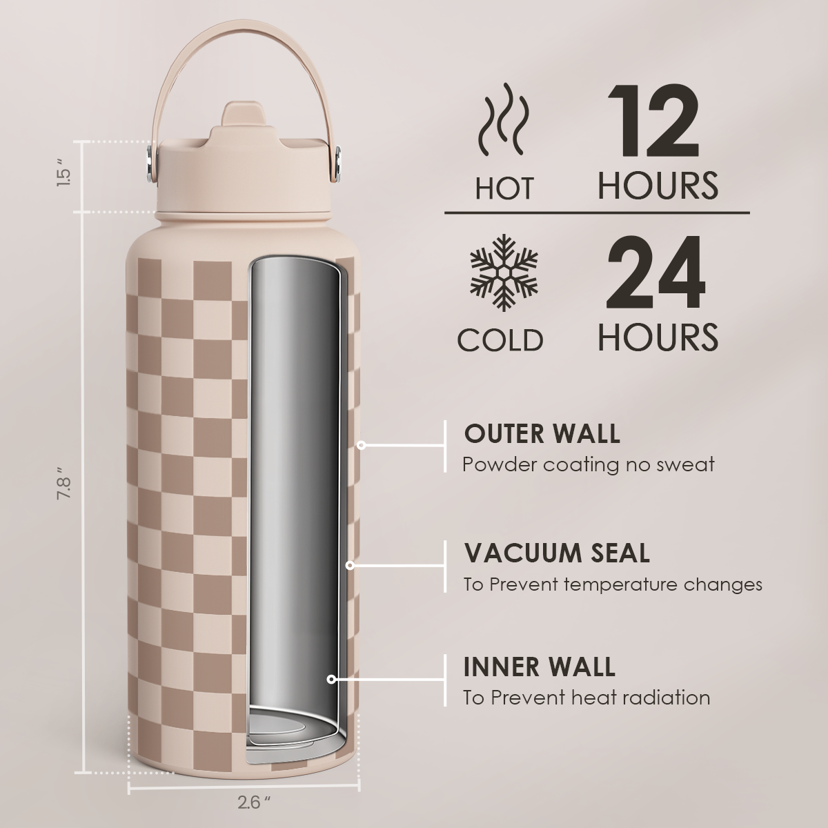 Brown Checker SipChic | Straw Lid Water Bottle 32oz