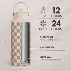 Checkerboard Water Bottle 32oz Stainless Steel with Lid & Straw, Beige Checker Insulated Bottles for Women Girls, Gift Idea for Christmas Birthday
