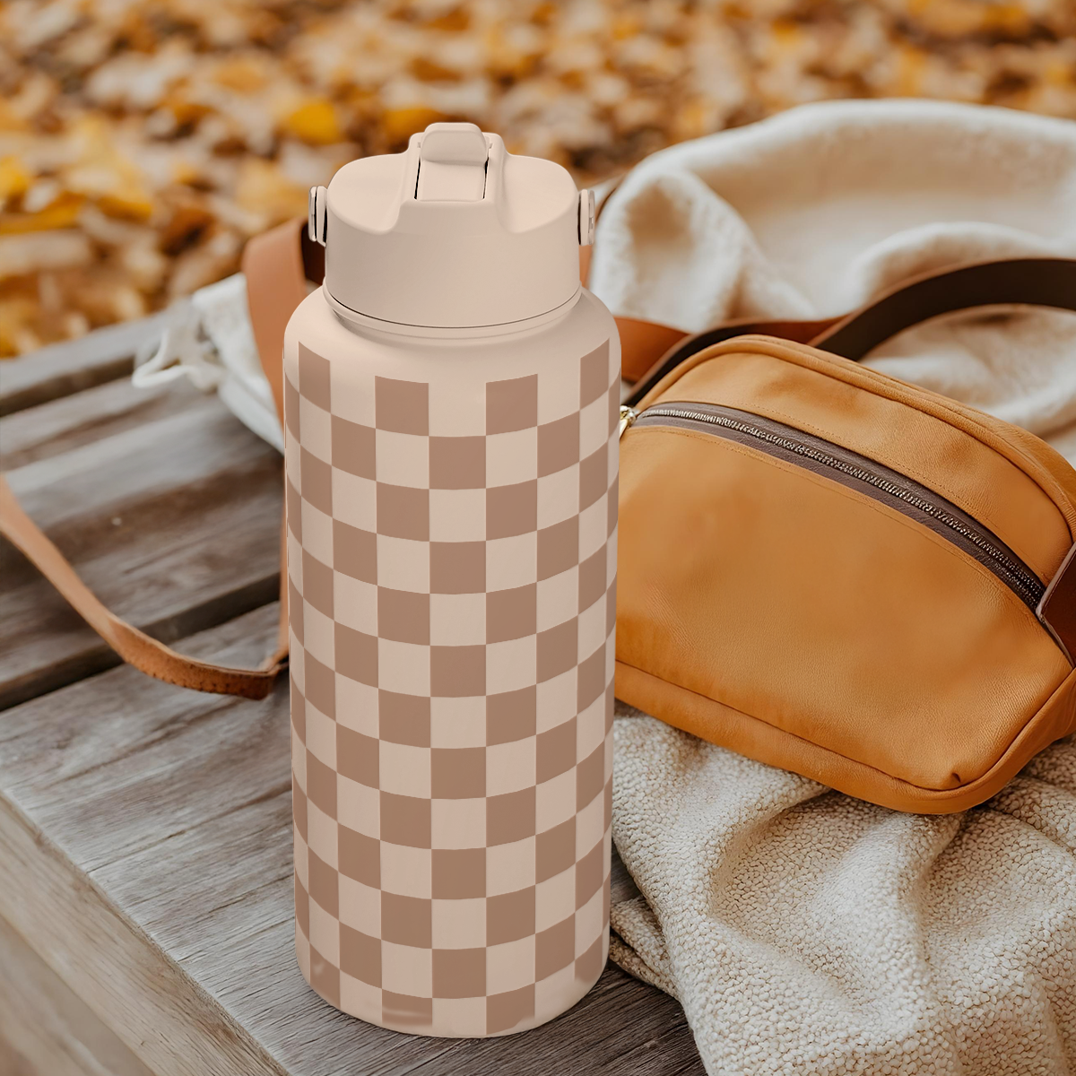 Brown Checker SipChic | Straw Lid Water Bottle 32oz