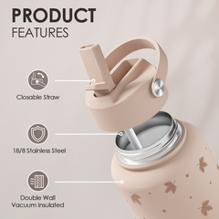 Maple Leaf Water Bottle 32oz Stainless Steel with Lid & Straw, Fall Insulated Bottles Gift for Women Girls, Autumn Gifts