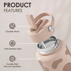 Cow Print Water Bottle 32oz Stainless Steel with Lid, Insulated Bottles for Sports Travel Outdoor, Gifts for Women Girls Birthday Christmas